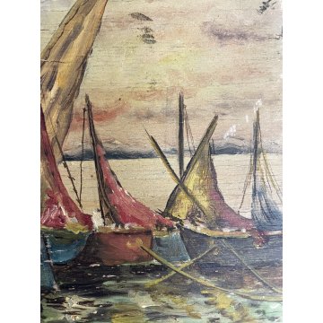 COPPIA ANTICO DIPINTO OLIO A. Galeotti PAESAGGIO MARINA BARCHE MARE Napoli 1940