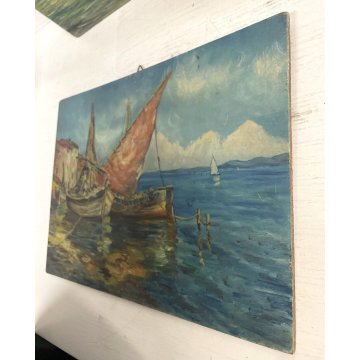 COPPIA ANTICO DIPINTO OLIO A. Galeotti PAESAGGIO MARINA BARCHE MARE Napoli 1940