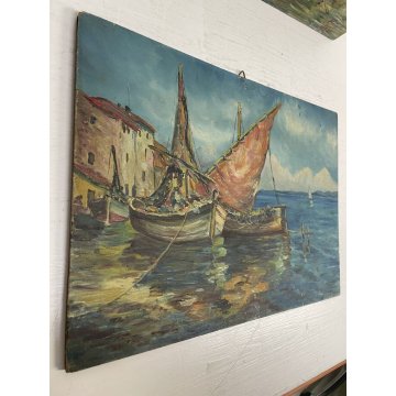 COPPIA ANTICO DIPINTO OLIO A. Galeotti PAESAGGIO MARINA BARCHE MARE Napoli 1940