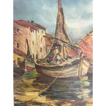 COPPIA ANTICO DIPINTO OLIO A. Galeotti PAESAGGIO MARINA BARCHE MARE Napoli 1940