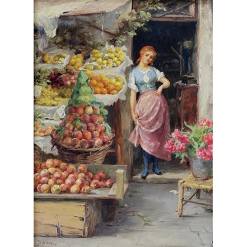 ANTICO QUADRO DIPINTO OLIO S. Novo VENDITRICE DI FRUTTA FRUTTIVENDOLA VENEZIA