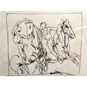 COMPOSIZIONE SCHIZZO DISEGNO CHINA Edmondo Poletti FIGURE UOMINI CAVALLI '900