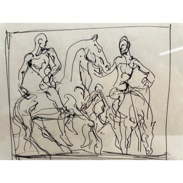 COMPOSIZIONE SCHIZZO DISEGNO CHINA Edmondo Poletti FIGURE UOMINI CAVALLI '900