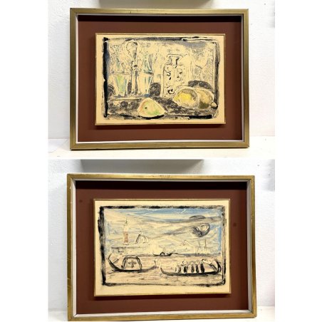 COPPIA QUADRO DIPINTO TEMPERA G. Valenzin NATURA MORTA PAESAGGIO GONDOLE Venezia