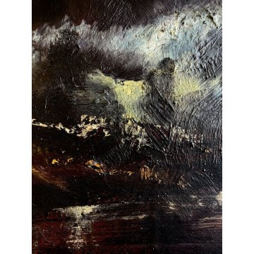 QUADRO DIPINTO OLIO MATERICO ASTRATTO PAESAGGIO MARINA NOTTURNO TEMPESTA 1970