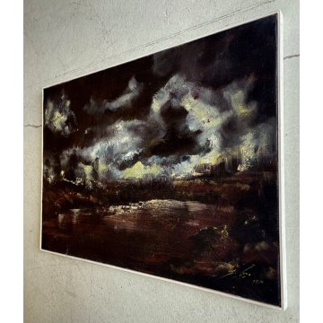 QUADRO DIPINTO OLIO MATERICO ASTRATTO PAESAGGIO MARINA NOTTURNO TEMPESTA 1970