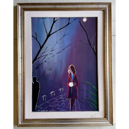 GRANDE QUADRO OLIO E. Fantuzzi NOTTURNO RITRATTO FIGURA FEMMINILE APPUNTAMENTO