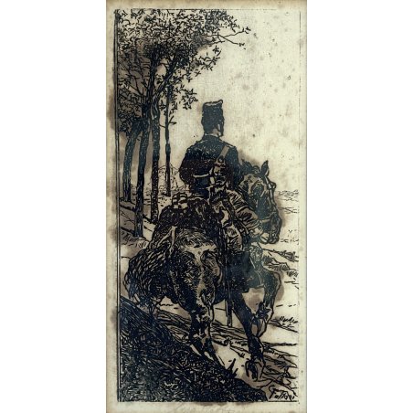 ANTICA STAMPA ACQUAFORTE INCISIONE Giovanni Fattori GENDARME a CAVALLO GUILLOCHE