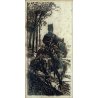 ANTICA STAMPA ACQUAFORTE INCISIONE Giovanni Fattori GENDARME a CAVALLO GUILLOCHE