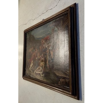 ANTICO DIPINTO RELIGIOSO OLIO TELA San Biagio MIRACOLO DELLA GOLA FANCIULLO '600