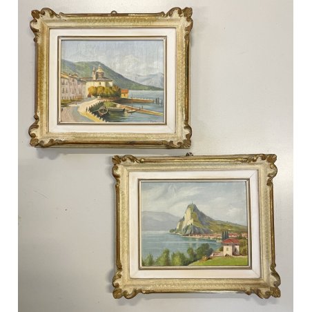 COPPIA QUADRO DIPINTO OLIO FIRMA Carlo PAESAGGIO Lacustre Lugano e LAGO MAGGIORE