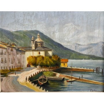 COPPIA QUADRO DIPINTO OLIO FIRMA Carlo PAESAGGIO Lacustre Lugano e LAGO MAGGIORE