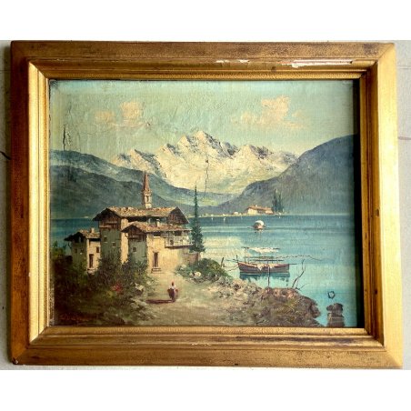 QUADRO OLIO TAVOLA Ettore Parcivaldi PAESAGGIO LACUSTRE MONTAGNE BORGO PESCATORI