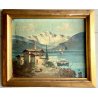 QUADRO OLIO TAVOLA Ettore Parcivaldi PAESAGGIO LACUSTRE MONTAGNE BORGO PESCATORI