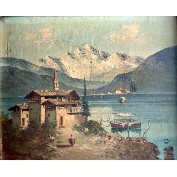 QUADRO OLIO TAVOLA Ettore Parcivaldi PAESAGGIO LACUSTRE MONTAGNE BORGO PESCATORI