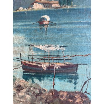 QUADRO OLIO TAVOLA Ettore Parcivaldi PAESAGGIO LACUSTRE MONTAGNE BORGO PESCATORI