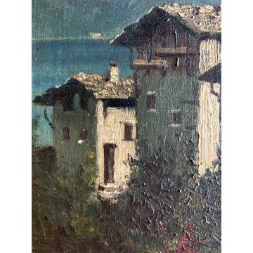 QUADRO OLIO TAVOLA Ettore Parcivaldi PAESAGGIO LACUSTRE MONTAGNE BORGO PESCATORI