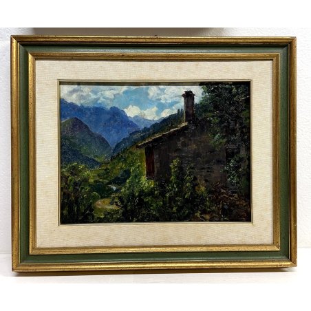 QUADRO DIPINTO Bartolomeo Piovano PAESAGGIO MONTANO Chapmoluc VALLE D'AOSTA '900