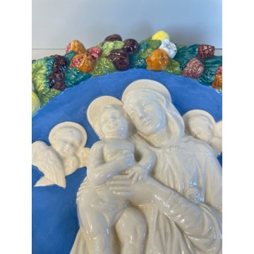 ANTICA MADONNA IN CERAMICA DA PARETE CON ANGELI E gesù BAMBINO FRUTTA RELIGIOSA