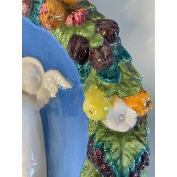 ANTICA MADONNA IN CERAMICA DA PARETE CON ANGELI E gesù BAMBINO FRUTTA RELIGIOSA