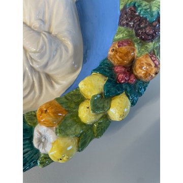 ANTICA MADONNA IN CERAMICA DA PARETE CON ANGELI E gesù BAMBINO FRUTTA RELIGIOSA