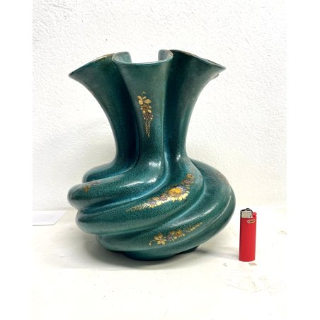 GRANDE VASO CERAMICA Deruta COSTOLATO SPIRALE VERDE ORO DECORO FIORI 31 cm/h '40
