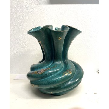 GRANDE VASO CERAMICA Deruta COSTOLATO SPIRALE VERDE ORO DECORO FIORI 31 cm/h '40