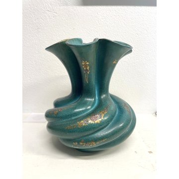 GRANDE VASO CERAMICA Deruta COSTOLATO SPIRALE VERDE ORO DECORO FIORI 31 cm/h '40