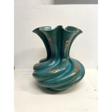 GRANDE VASO CERAMICA Deruta COSTOLATO SPIRALE VERDE ORO DECORO FIORI 31 cm/h '40