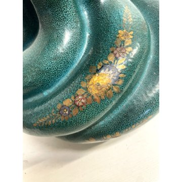 GRANDE VASO CERAMICA Deruta COSTOLATO SPIRALE VERDE ORO DECORO FIORI 31 cm/h '40