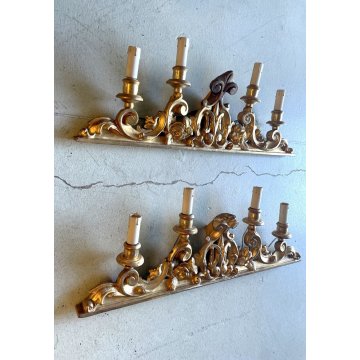 ANTICA COPPIA FREGIO CANDELABRO CANDELIERE ALTARE 4 LUMI LEGNO FOGLIA ORO XVIII