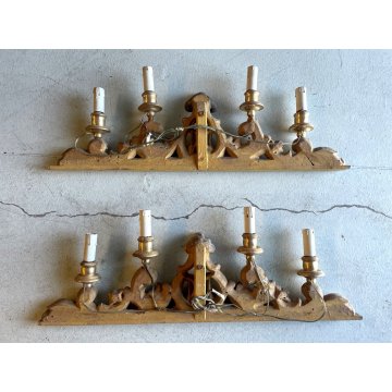 ANTICA COPPIA FREGIO CANDELABRO CANDELIERE ALTARE 4 LUMI LEGNO FOGLIA ORO XVIII