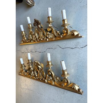 ANTICA COPPIA FREGIO CANDELABRO CANDELIERE ALTARE 4 LUMI LEGNO FOGLIA ORO XVIII