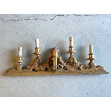 ANTICA COPPIA FREGIO CANDELABRO CANDELIERE ALTARE 4 LUMI LEGNO FOGLIA ORO XVIII