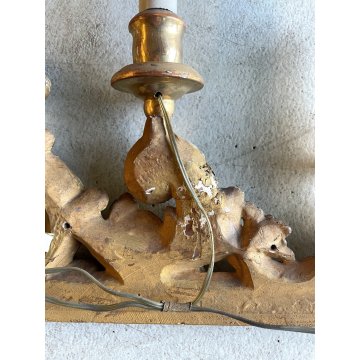 ANTICA COPPIA FREGIO CANDELABRO CANDELIERE ALTARE 4 LUMI LEGNO FOGLIA ORO XVIII