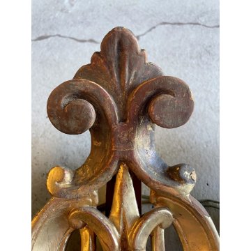 ANTICA COPPIA FREGIO CANDELABRO CANDELIERE ALTARE 4 LUMI LEGNO FOGLIA ORO XVIII