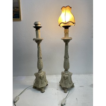 COPPIA ANTICO TORCERE CERAMICA PORTA LAMPADA ELETTRIFICATO DECORO TESTE D'ARIETE