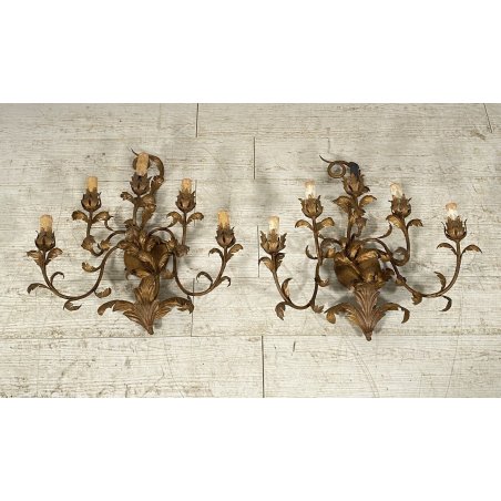 COPPIA ANTICHE APPLIQUE FERRO BATTUTO 1900 FOGLIE ORO 6 LUCI LAMPADA PARETE OLD