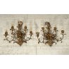 COPPIA ANTICHE APPLIQUE FERRO BATTUTO 1900 FOGLIE ORO 6 LUCI LAMPADA PARETE OLD