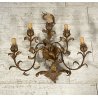 COPPIA ANTICHE APPLIQUE FERRO BATTUTO 1900 FOGLIE ORO 6 LUCI LAMPADA PARETE OLD