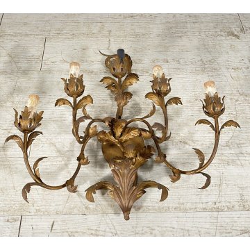 COPPIA ANTICHE APPLIQUE FERRO BATTUTO 1900 FOGLIE ORO 6 LUCI LAMPADA PARETE OLD