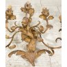 COPPIA ANTICHE APPLIQUE FERRO BATTUTO 1900 FOGLIE ORO 6 LUCI LAMPADA PARETE OLD