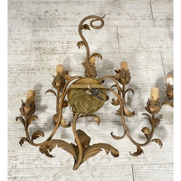 COPPIA ANTICHE APPLIQUE FERRO BATTUTO 1900 FOGLIE ORO 6 LUCI LAMPADA PARETE OLD