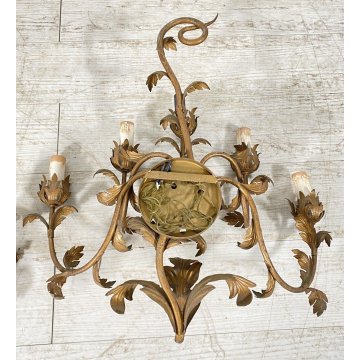 COPPIA ANTICHE APPLIQUE FERRO BATTUTO 1900 FOGLIE ORO 6 LUCI LAMPADA PARETE OLD