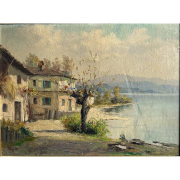 QUADRO DIPINTO OLIO Ercole Magrotti PAESAGGIO LAGO MAGGIORE LAGO VARESE '20/'30