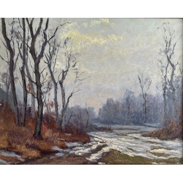 QUADRO DIPINTO OLIO Ambrogio Simonotti PAESAGGIO INVERNALE NEVE Mornarona Lagoni