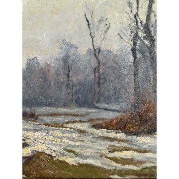 QUADRO DIPINTO OLIO Ambrogio Simonotti PAESAGGIO INVERNALE NEVE Mornarona Lagoni