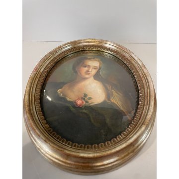 ANTICO DIPINTO OVALE DONNA DAMA OLIO CARTONE CORNICE FINE 800 ROSA NOBILE QUADRO