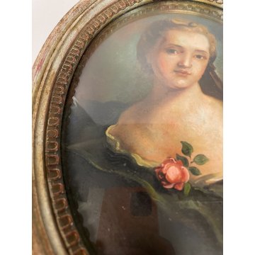 ANTICO DIPINTO OVALE DONNA DAMA OLIO CARTONE CORNICE FINE 800 ROSA NOBILE QUADRO