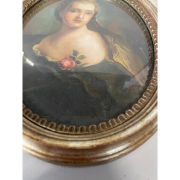 ANTICO DIPINTO OVALE DONNA DAMA OLIO CARTONE CORNICE FINE 800 ROSA NOBILE QUADRO